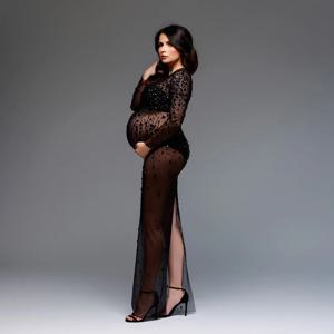 우아한 패션 라인스톤 임산부 드레스 섹시한 시스루 탄력 메쉬 슬림핏 드레스 사진 촬영용 임부복