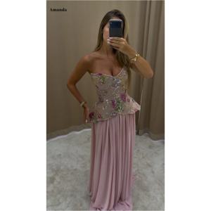 아만다 맞춤형 블러쉬 핑크 스트랩리스 플로럴 자수 스팽글 허리 쉬폰 맥시 드레스 우아한 정장 이브닝 드레스 2025