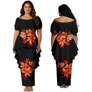 몬스테라 잎사귀 맞춤 프린트 중국 디자인 여성 드레스 사모아 폴리네시아 여성 스왈로우테일 헴 탑 롱 드레스 알로하 푸레타시 세트