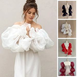 우아한 퍼프 웨딩 암 슬리브 이브닝 드레스 장식 러플 신부 탈부착 가능한 슬리브 리본 달콤한 시스루 커버 슬리브 연회용