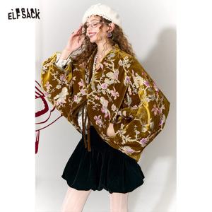 ELFSACK 꽃무늬 및 금붕어 자수가 있는 중국 벨벳 재킷, 로얄 엘레강트 루즈 코트, 브이넥 빈티지 아우터웨어