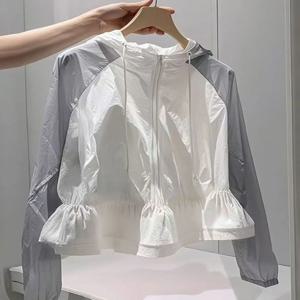 화이트 후드 컬러 블록 경량 통기성 여름 여성 아우터 자외선 차단 패셔너블 안티 UV 재킷 2025 트렌디