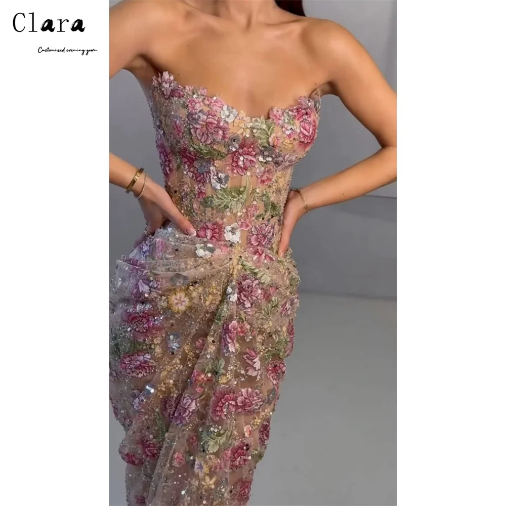 클라라 맞춤 꽃무늬 피쉬테일 스트랩리스 레이스 우아하고 포멀한 여성 드레스 프롬 럭셔리 드레스 파티 여성 볼 가운