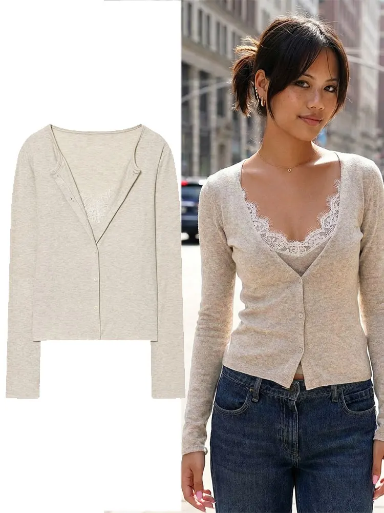 여성 패션 레이스 브이넥 크롭 가디건 코트 긴 소매 버튼 니트 스웨터 봄 캐주얼 스트리트웨어 여성 슬림 니트웨어