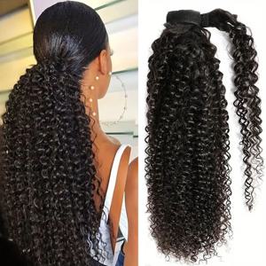 곱슬곱슬한 포니테일 인모 헤어, 매직 테이프로 감싸는 브라질리언 헤어 클립인 익스텐션, 딥 웨이브 포니테일, 내추럴 블랙