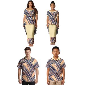 맞춤 하와이안 가족 커플룩 사모아 스왈로우테일 헴 풀레타시 드레스 폴리네시안 턴다운 칼라 셔츠 가족 의상