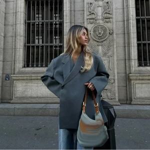 패션 솔리드 라펠 히든 버클 루즈핏 블레이저 여성 우아한 사이드 슬릿 롱 슬리브 수트 재킷 2024 여성 하이 스트리트 아우터웨어