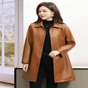 봄 가을 유행 라펠 얇은 가죽 재킷 여성 코트 비즈니스 스타일 중간 길이 스트레이트 레그 의류 액세서리