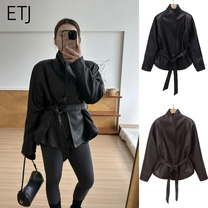 ETJ 여성용 PU 가죽 빈티지 랩 재킷 벨트 하이넥 숏 코트 2026 봄 미니멀리스트 레트로 도시 패션 아우터웨어