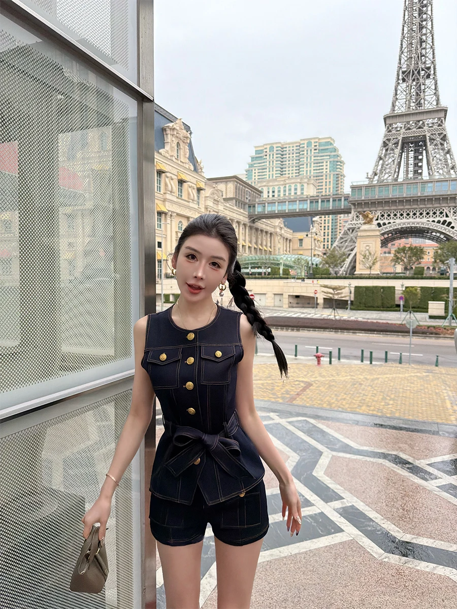 일본 봄 여름 여성용 진한 파란색 하이웨이스트 버튼 포켓 라인 데님 반바지 2026 미국 신상 슬림핏 반바지