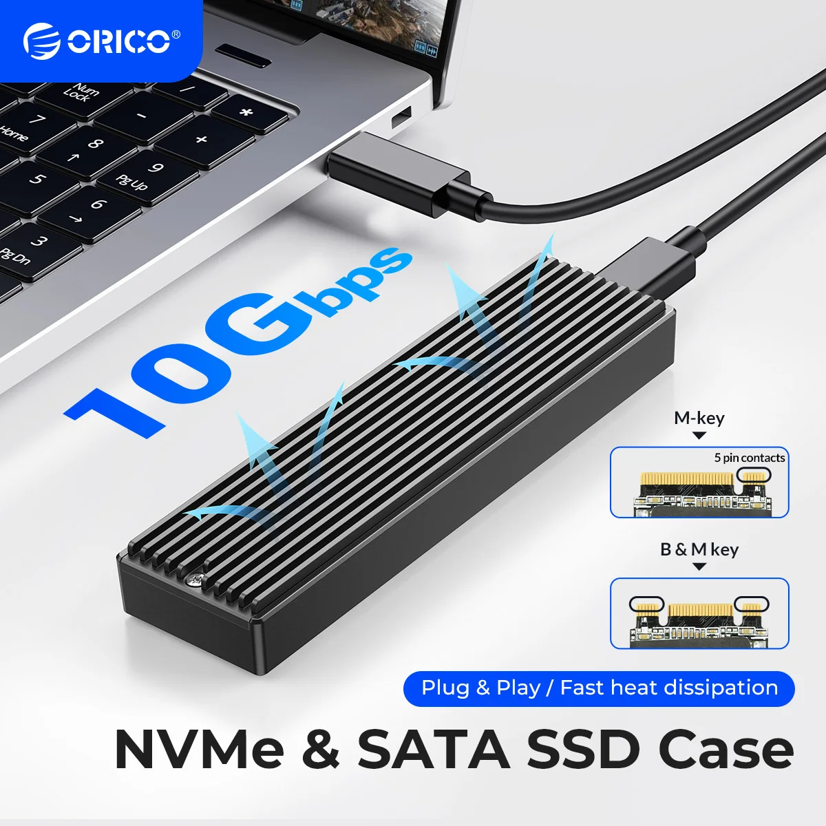 ORICO M.2 NVMe SSD 인클로저, USB 3.1 Gen 2 (10 Gbps) PCIe 외장 어댑터 NVMe 케이스 (2230/2242/2260/2280 M.2 SSD 최대 8TB 지원)