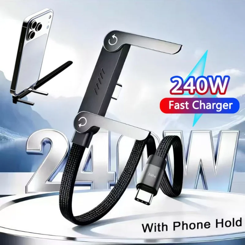 240W USB 타입 C 고속 충전 케이블 접이식 브래킷 2-in-1 데이터 케이블 USB C 폰 스탠드 충전선 아이폰 17 16 15 삼성용