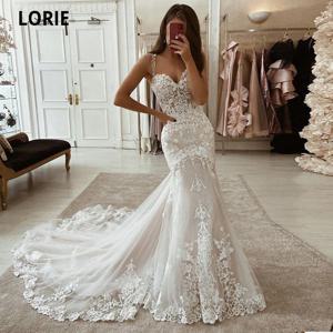 LORIE 아이보리 인어 웨딩 드레스 레이스 아플리케 Tulle Bridal 가운 기차 아가 스파게티 스트랩 빈티지 가운 맞춤형