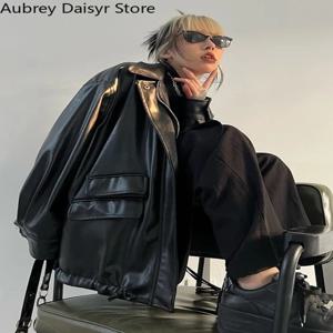 여성용 블랙 펑크 가죽 재킷, 모토 바이커 지퍼 가죽 코트, 하이 스트리트 캐주얼 빈티지 가죽 재킷, 2023 스트리트웨어