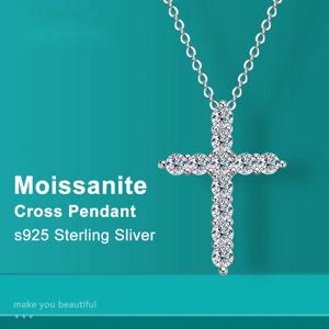 전체 Moissanite 크로스 펜던트 원래 Sterg 슬리버 체인 도금 화이트 골드 고급 목걸이 여성 쥬얼리에 대한