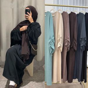 Eid 이슬람 겸손한 드레스 여성용 Abaya 레이스 업 슬리브 모로코 캐주얼 라마단 Vestidos기도 Kaftan 두바이 이슬람 긴 가운