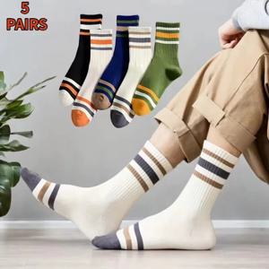5쌍 남성용 다채로운 줄무늬 캐주얼 양말, 패셔너블한 스포츠 땀 흡수 및 통기성, 모든 계절에 적합 부드러움