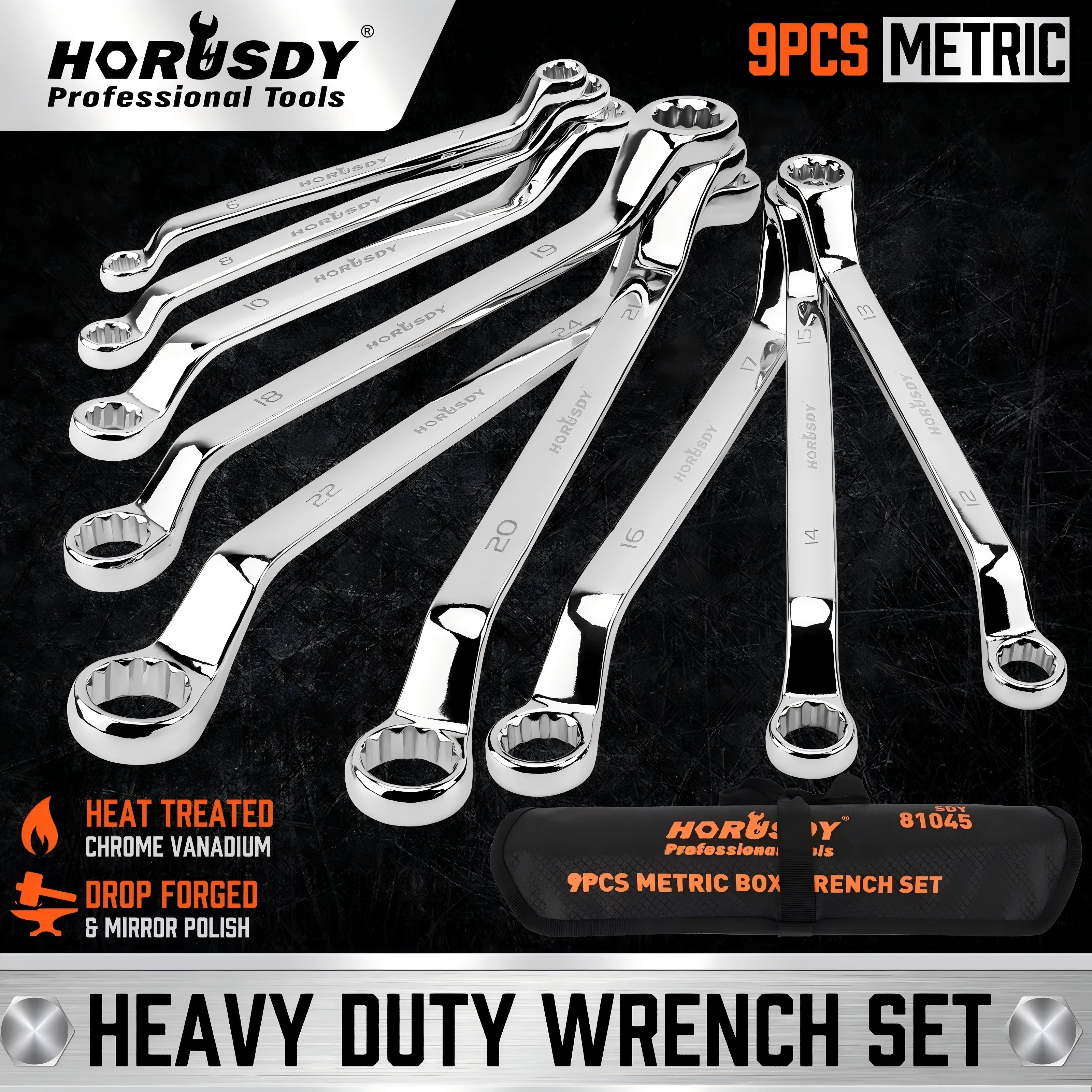 HORUSDY 9개 75도 오프셋 렌치 세트 미터법 더블 박스 엔드 렌치 푸치