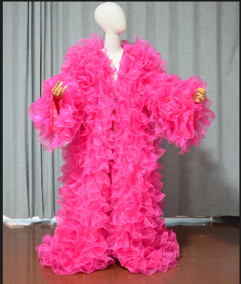 놀라운 레이어드 Organza 롱 자켓 푹신하고 긴 풀 슬리브 케이프 조끼 복장 파티 패션 무대 드래그 퀸 코트 망토