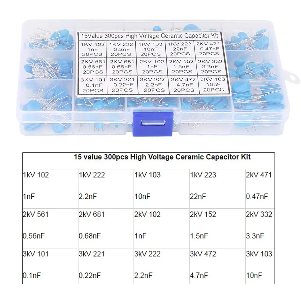 300개/상자 15값 1KV/2KV/3KV 0.1nF-22nF 102 222 103 223 472 561 681 고전압 세라믹 디스크 커패시터 모듬 키트