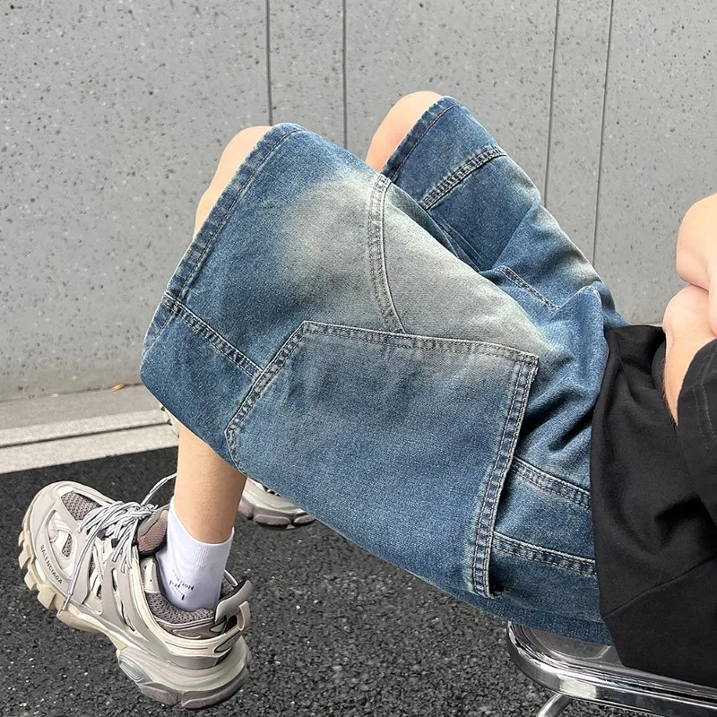 여름 새로운 헐렁한 데님 반바지 패션 캐주얼 스트레이트 하라주쿠 청바지 남성 빈티지 워시 Drawstring 짧은 바지 streetwear