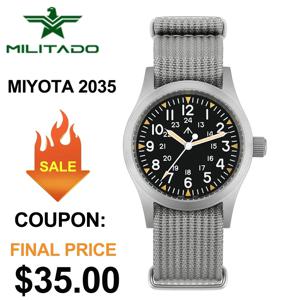 Militado ML05 38mm 군용 시계 Miyota 2035 무브먼트 돔형 사파이어 크리스탈 C3 녹색 빛나는 10Bar 방수 빈티지 시계