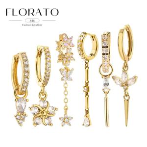 여자 925 실버 바늘 워터 드롭 기하학 지르콘 화이트 지르콘 크리스탈 꽃 펜던트 후프 귀걸이 패션 웨딩 쥬얼리