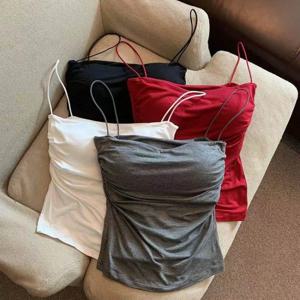 여름 캐미솔 탱크 탑 여성용 브래지어 스트랩 탱크 조끼 민소매 티셔츠 크롭 탑 솔리드 컬러 캐주얼 탑