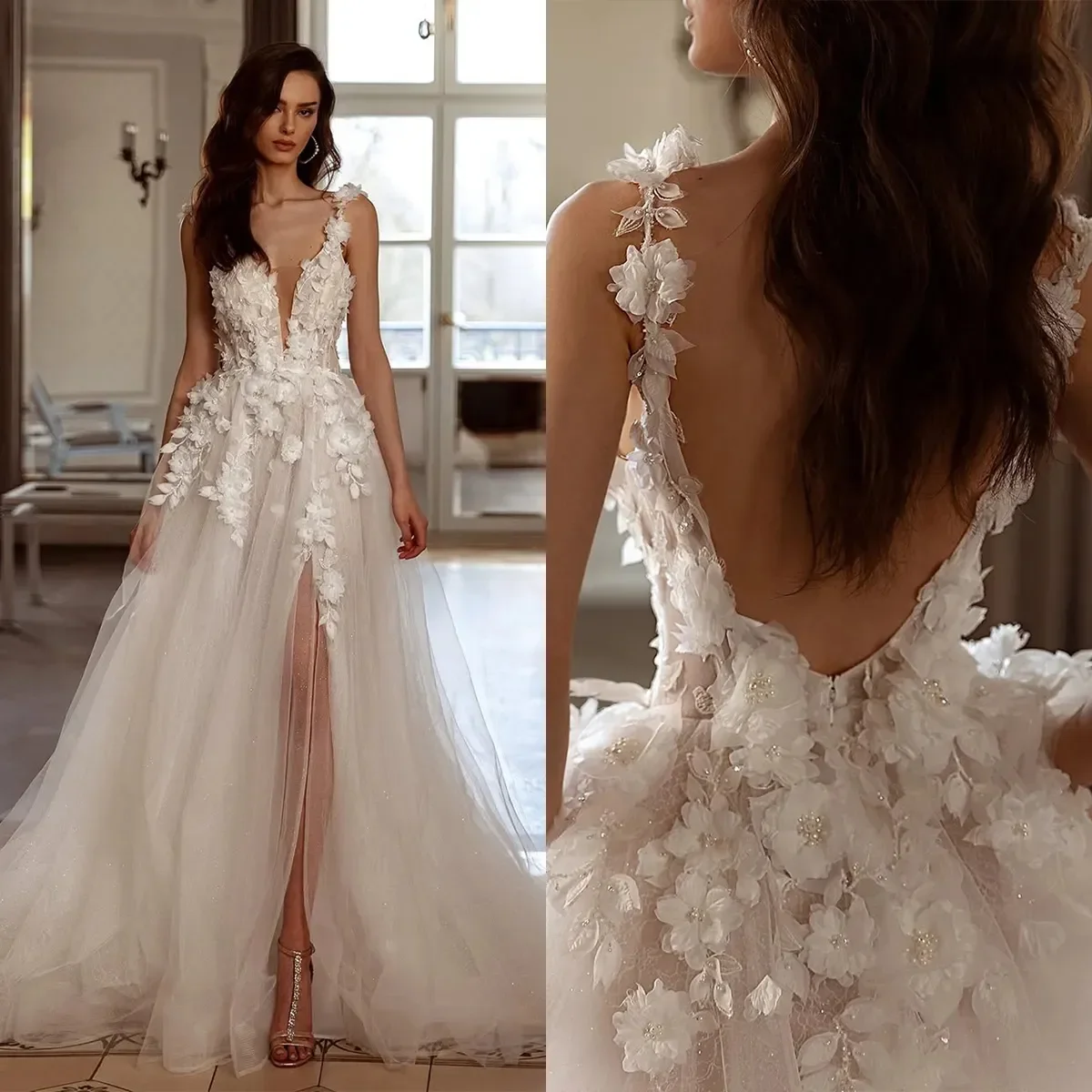 맞춤 제작된 우아하고 미니멀한 A라인 시스루 3D 플로럴 여성용 흰색 웨딩드레스, V넥 슬릿 백리스 섹시한 신부 드레스