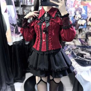 다크 스위트 하트 그라운드 타입 로리타 세트, 러플 소매 탑 & A라인 스커트, 귀여운 카와이 일본 스타일 고딕 코디 의상 S-XL