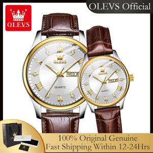 OLEVS 3649 오리지널 쿼츠 시계 남녀 공용 패션 가죽 스트랩 다이아몬드 로마 숫자 심플 듀얼 캘린더 커플 손목시계