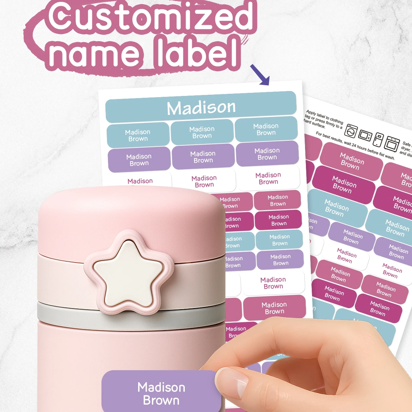 120개 맞춤형 이름 스티커 2장 방수 라벨 학교 용품, 의류, 도시락, 물병, 어린이집용