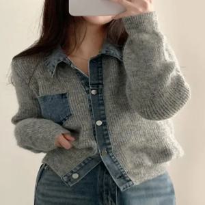 여성 데님 니트 스웨터 코트 봄 가을 겨울 캐주얼 스타일 따뜻한 플리스 스플라이싱 디자인 출퇴근 패션 아우터웨어