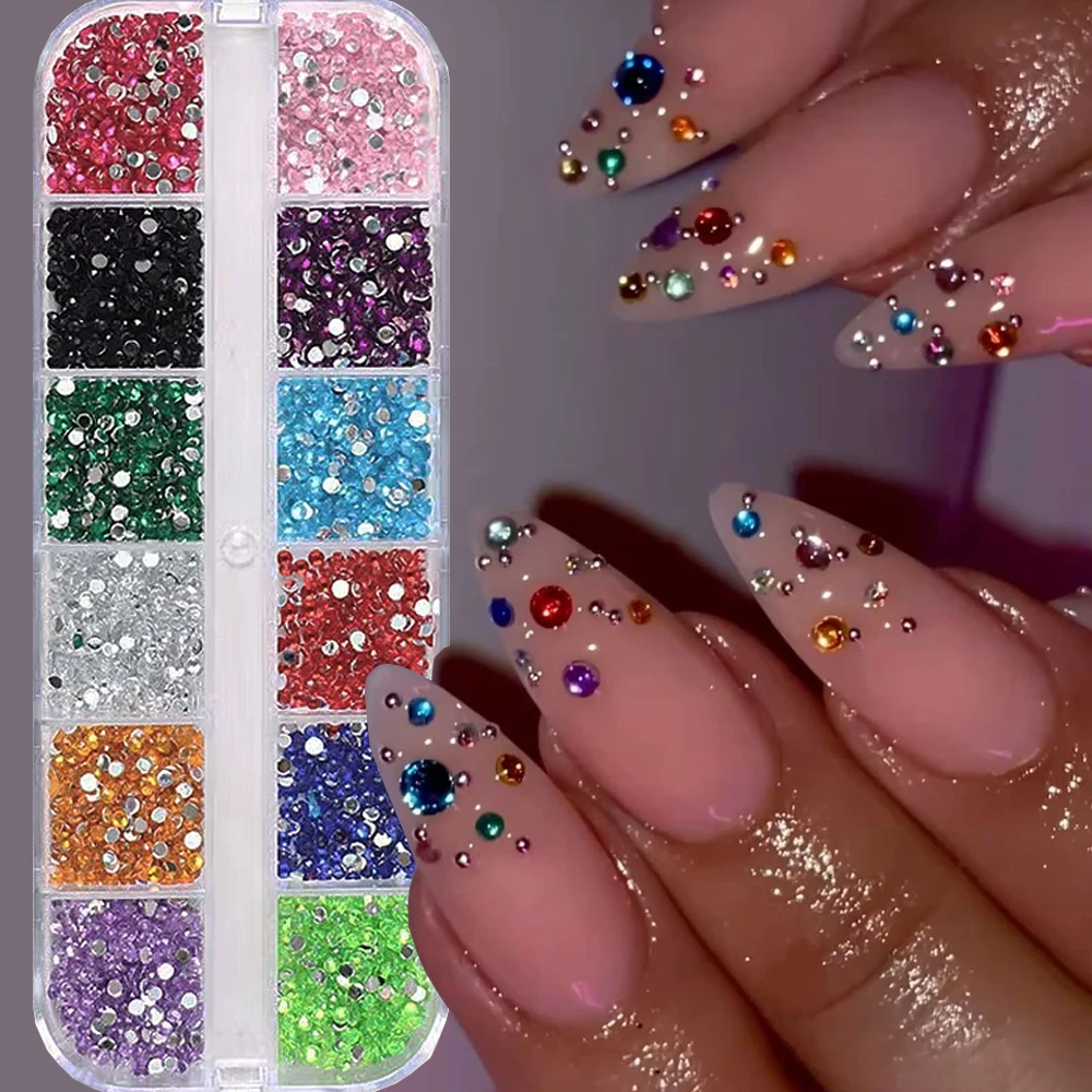 12칸 혼합 미니 크리스마스 젬 네일 참 2mm 럭셔리 크리스탈 네일 글리터 라인스톤 레드/그린 플랫백 크리스마스 네일 파츠