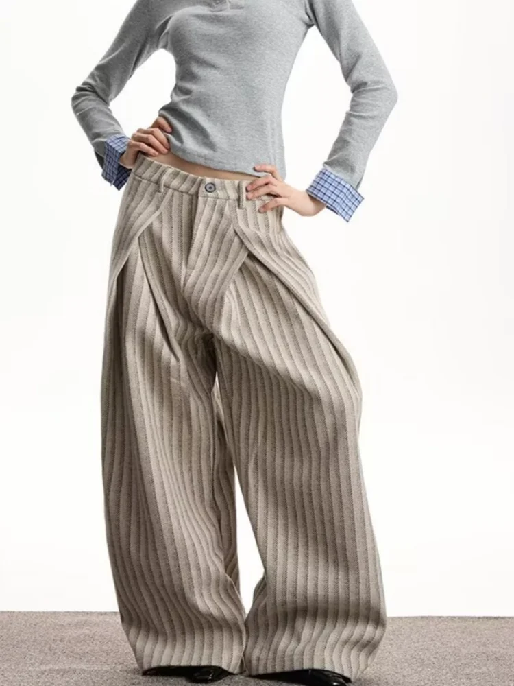 2025 트렌드 Y2K 스타일 배기 스트라이프 플리츠 여성 캐주얼 청바지 여성 의류 와이드 레그 하라주쿠 코튼 롱 팬츠