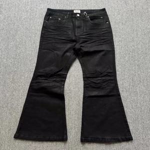 레트로 다크 아메리칸 하이 스트리트 핸드메이드 브러쉬 왁스 코팅 워싱 플로어 마이크로 플레어 진 남성 트렌디 미드 웨이스트 루즈핏 청바지