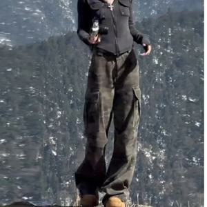 Y2K 스타일 여성용 하이웨이스트 플레어 팬츠 카모플라주 카고 와이드 레그 스트레이트 겨울 신상 슬림핏 패션 바지