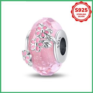 DIY 팔찌, 목걸이, 생일 보석 선물에 적합한 오리지널 925 스털링 실버 꽃 유리 구슬 핑크 참 비즈