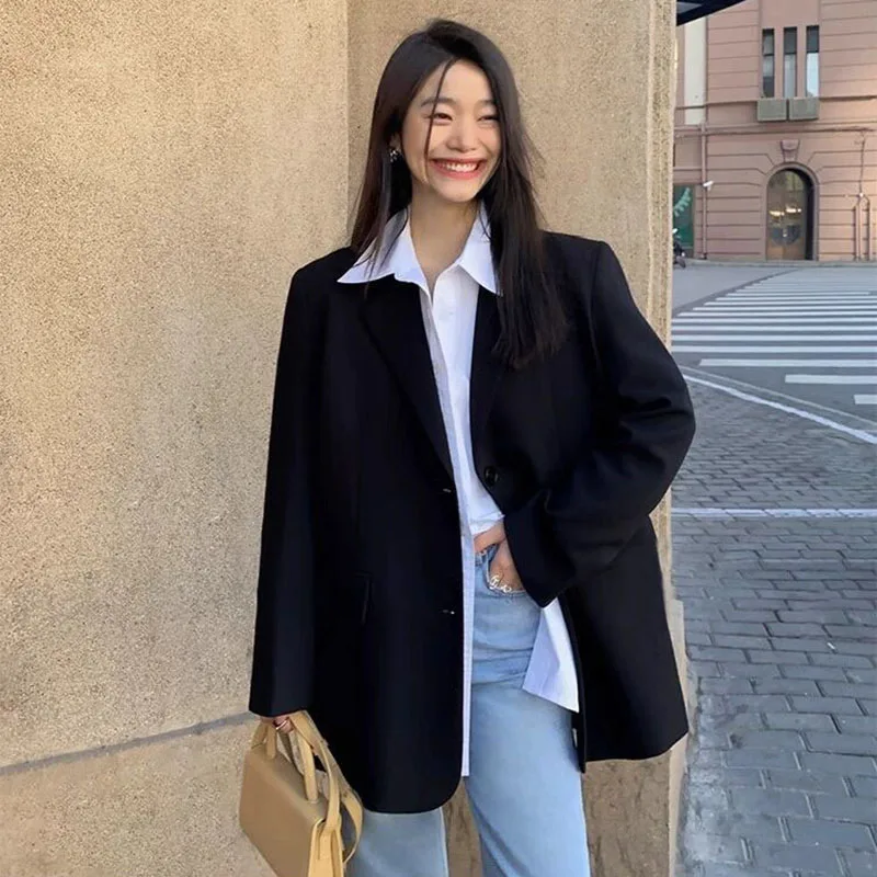 여성 캐주얼 루즈 블레이저 패션 다용도 하이 스트리트 긴 소매 작은 정장 재킷 여성 봄 가을 디자인 블레이저 코트