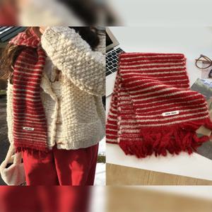 빨간색 니트 스카프 여성용 겨울 한국 스타일 스트라이프 따뜻한 다용도 복고풍 분위기 모자이크 컬러 스카프 학생 및 커플용