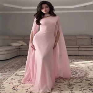 우아한 롱 슬리브 맥시 드레스, 핑크색 망토가 있는 여성용 패셔너블 가운, 여성용 이브닝 드레스, 중국 스타일 웨딩 드레스