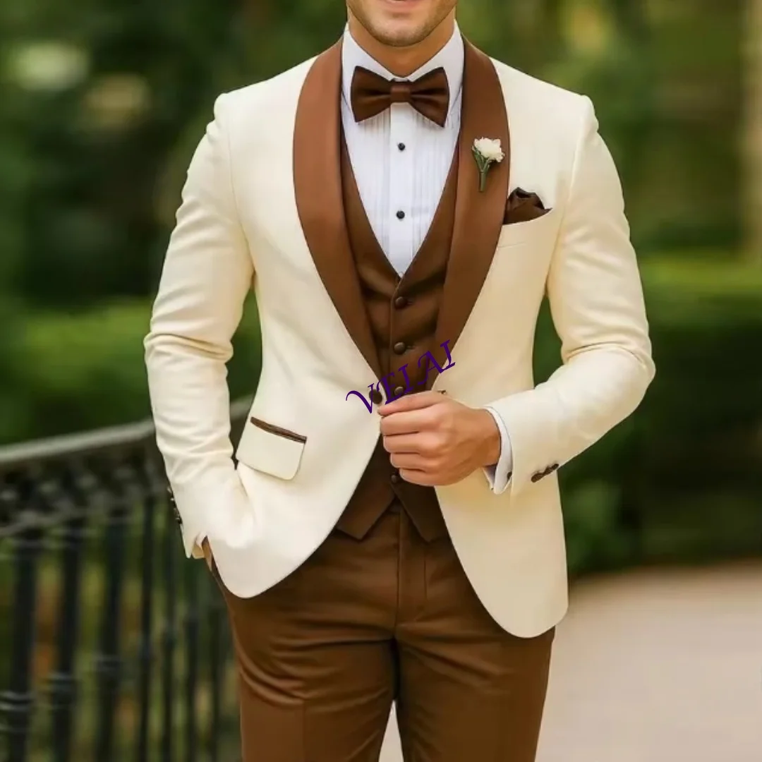 맞춤형 새 흰색 및 갈색 정장 남성 예복 신랑 들러리 결혼식 파티 프롬 비즈니스 남성 턱시도 3피스 세트 블레이저 조끼