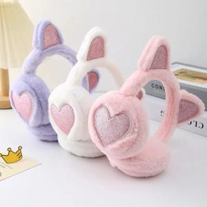 플러시 겨울 따뜻한 귀마개 반짝이 고양이 귀 워머 하트 모양 털 귀덮개 여성 소녀용 귀덮개 추위 방지 귀마개