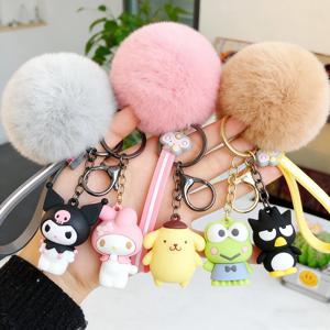 새로운 산리오 키티 쿠로미 멜로디 시나모롤 귀여운 키체인, 푹신한 토끼털 볼 여성 소녀 가방 펜던트 열쇠고리 선물 장난감