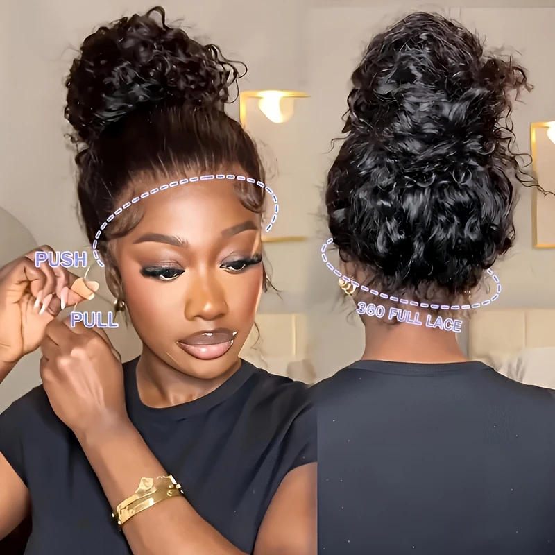 36인치 인비시 스트랩 360 HD 풀 레이스 곱슬 웨이브 인모 가발 250% 밀도 프리 플러킹 프리 컷 웨어 앤 고 글루리스 가발