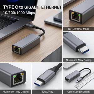 USB 타입 C 이더넷 어댑터 1000/100 Mbps RJ45 네트워크 카드 (Mac PC Windows XP 7 8 10 안드로이드용) - USB LAN 인터넷 케이블