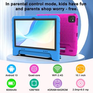 10인치 어린이용 태블릿, 안드로이드 13 태블릿, 충격 방지 보호 케이스 포함, 2GB RAM, 64GB ROM, 1T 확장, Wi-Fi