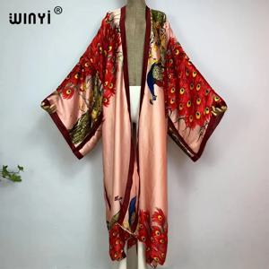 WINYI 2022 여름 여성 카디건 스티치 칵테일 섹시한 Boho Maxi 아프리카 휴일 Batwing 슬리브 실크 느낌 가운 기모노 kaftan
