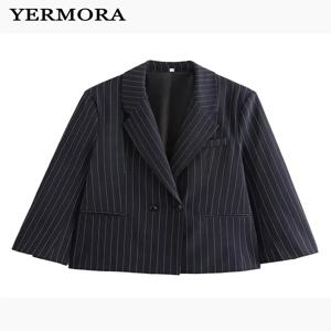 YERMORA 여성용 블루 스트라이프 버클 캐주얼 블레이저, 라펠 긴팔, 새로운 패션, 타이드 베이직 재킷, 용수철 가을, 2025 A201