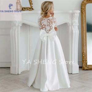 사용자 정의 꽃의 소녀 드레스 결혼식 생일 연회 성찬식 가운에 대 한 활 긴 소매와 흰색 새틴 아플리케